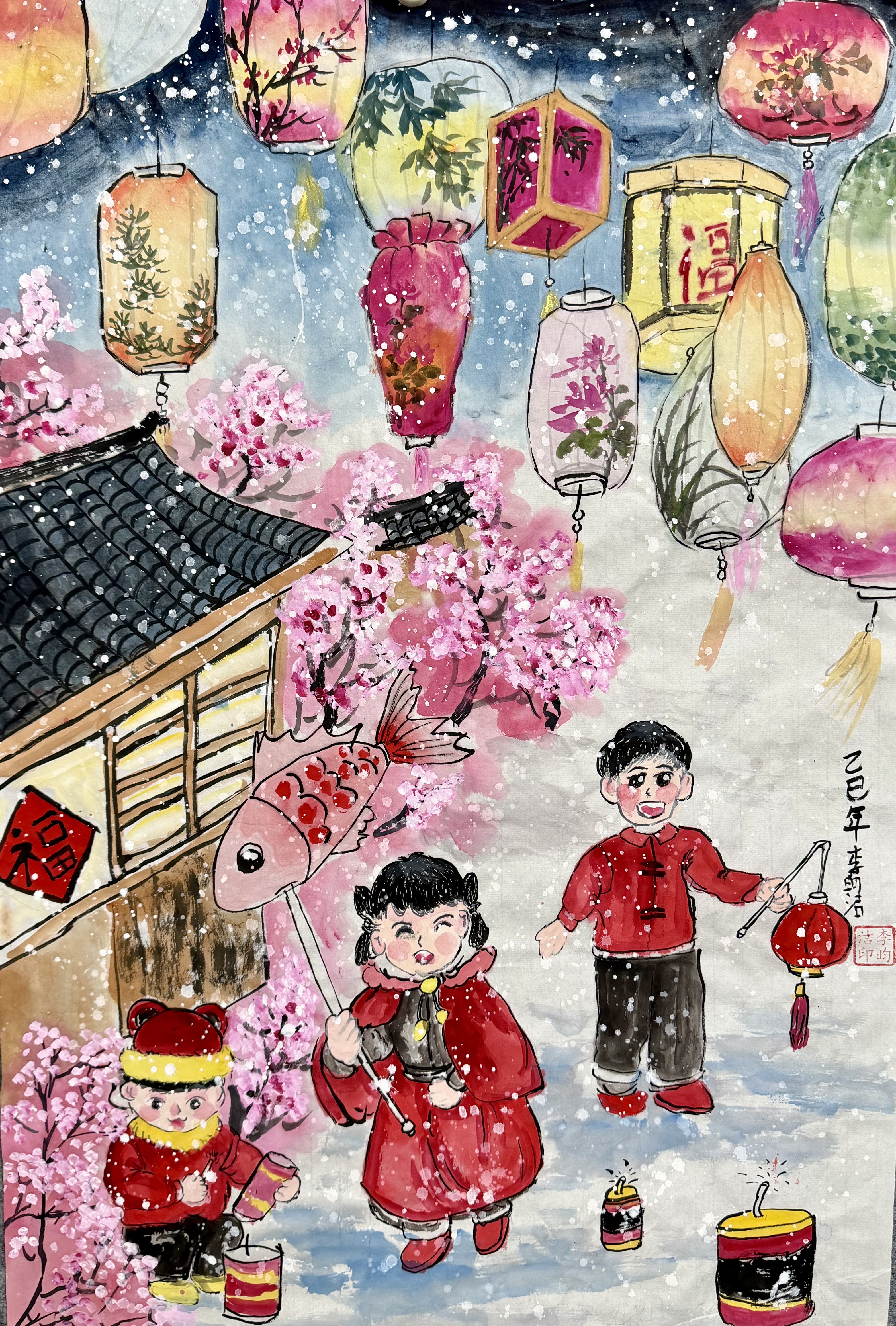 花灯映雪童欢闹