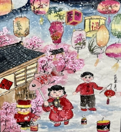 花灯映雪童欢闹