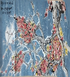 中国画：雪夜梅香